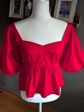 NWT Old Navy Puff Sleeve Poplin Peplum Top Red Sweetheart Neck Women’s XS